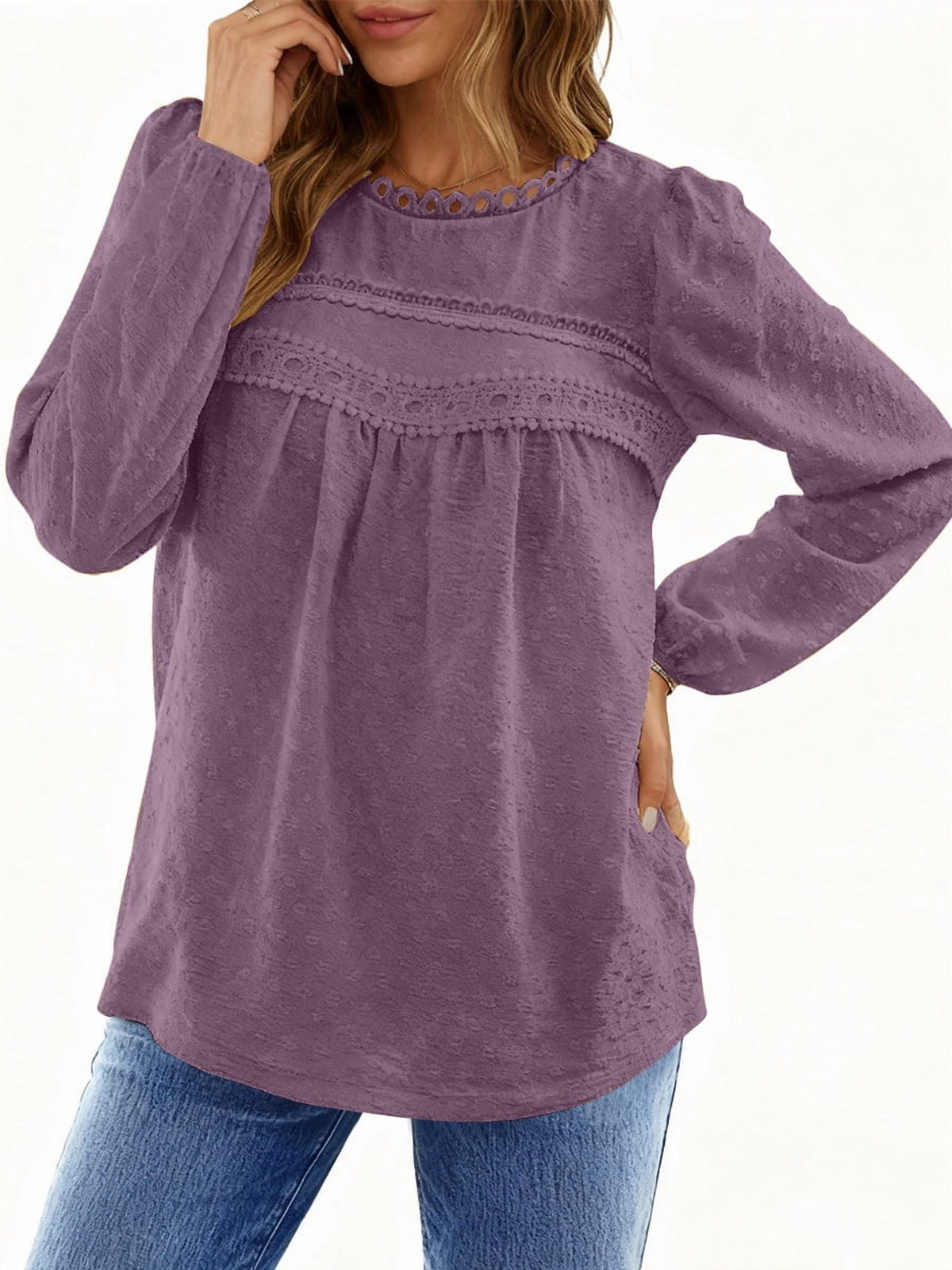 UVN Fall Shirts for Women Long Sleeve Blouses Ladies Crewneck Lace Crochet Tops Dressy Chiffon Blouses