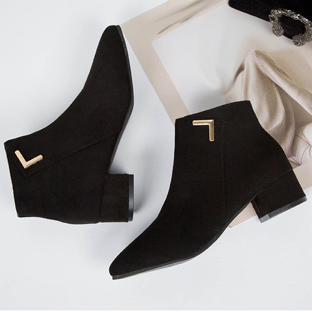 hopeusnice Women's Suede Ankle Boots Low Heel Pointed Toe Zipper Booties Comfortable Block Heel Dress Shoes Fall Winter Footwear Beige 42