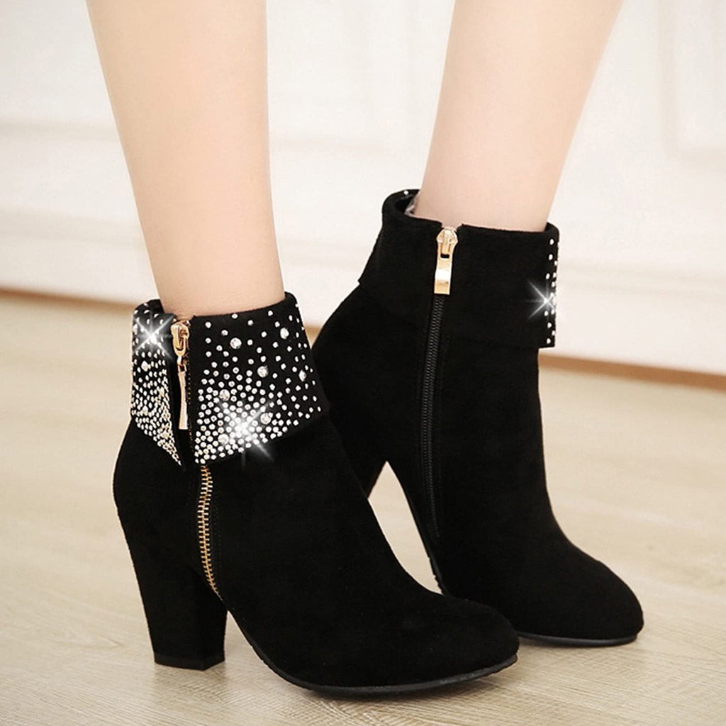 hopeusnice Women's Rhinestone Ankle Boots Zipper Suede Block Heel Booties Comfortable Dressy Winter Warm Shoes Black 36