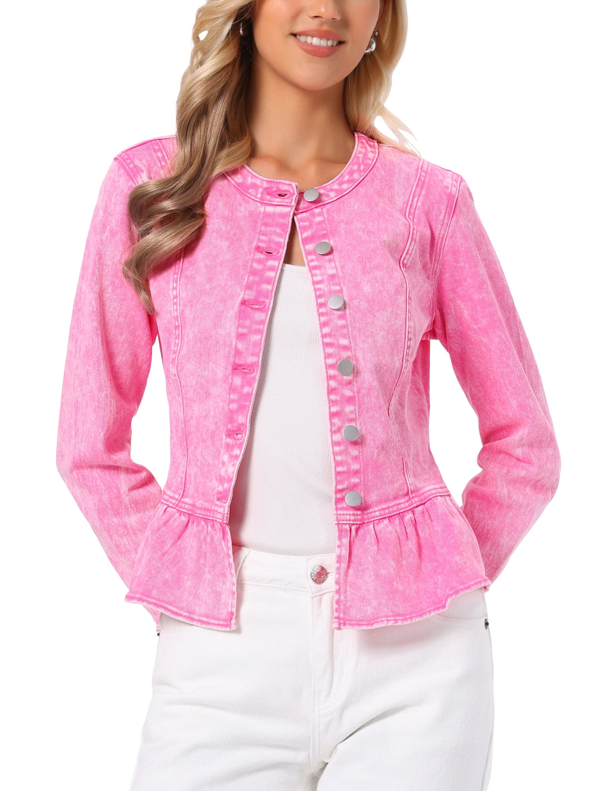 INSPIRE CHIC Women's Denim Jackets Button Down Peplum Hem Long Sleeves Cropped Jean Jackets White L