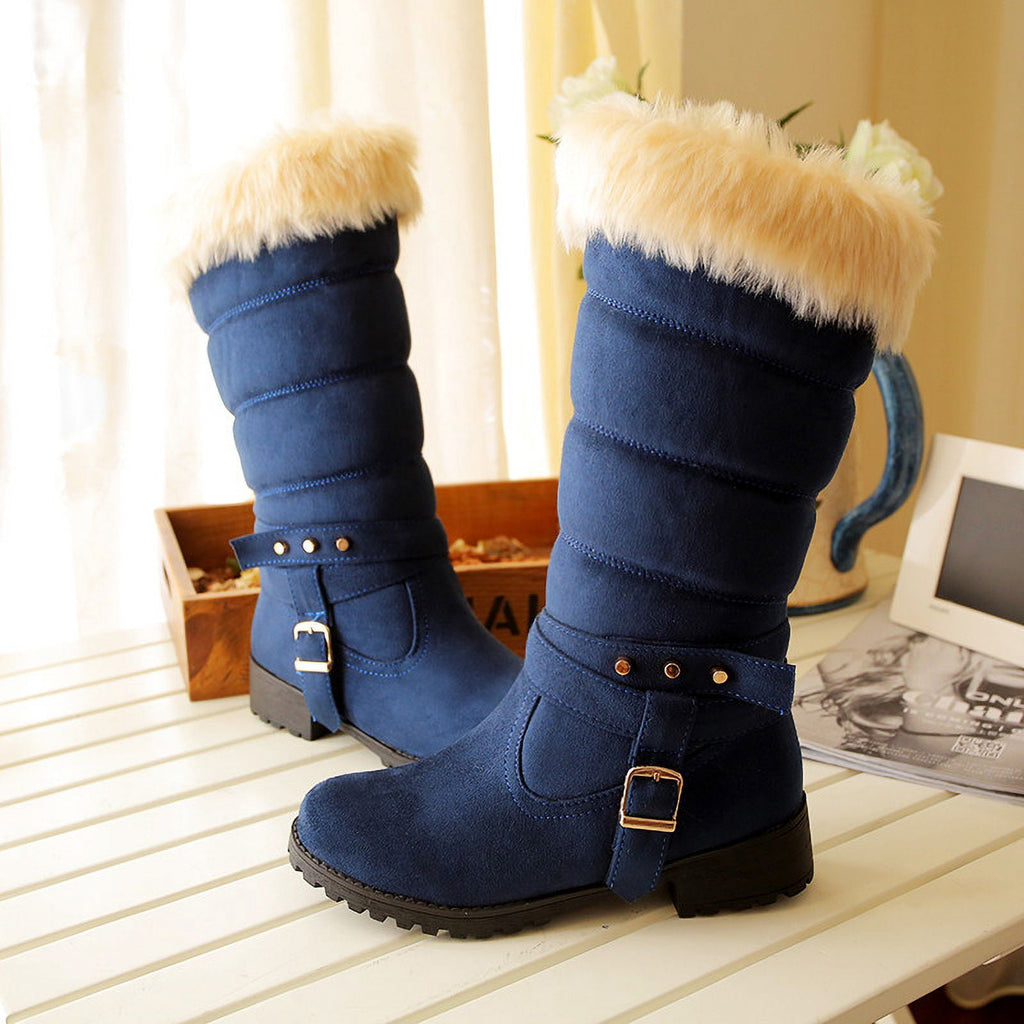 Mid Calf Boots For Women Thermal Plush Fleece Lined Suede Round Toe Chunky Mid Heels Winter Snow Boots Winter Warm Dress Long Tall Boots Blue 37