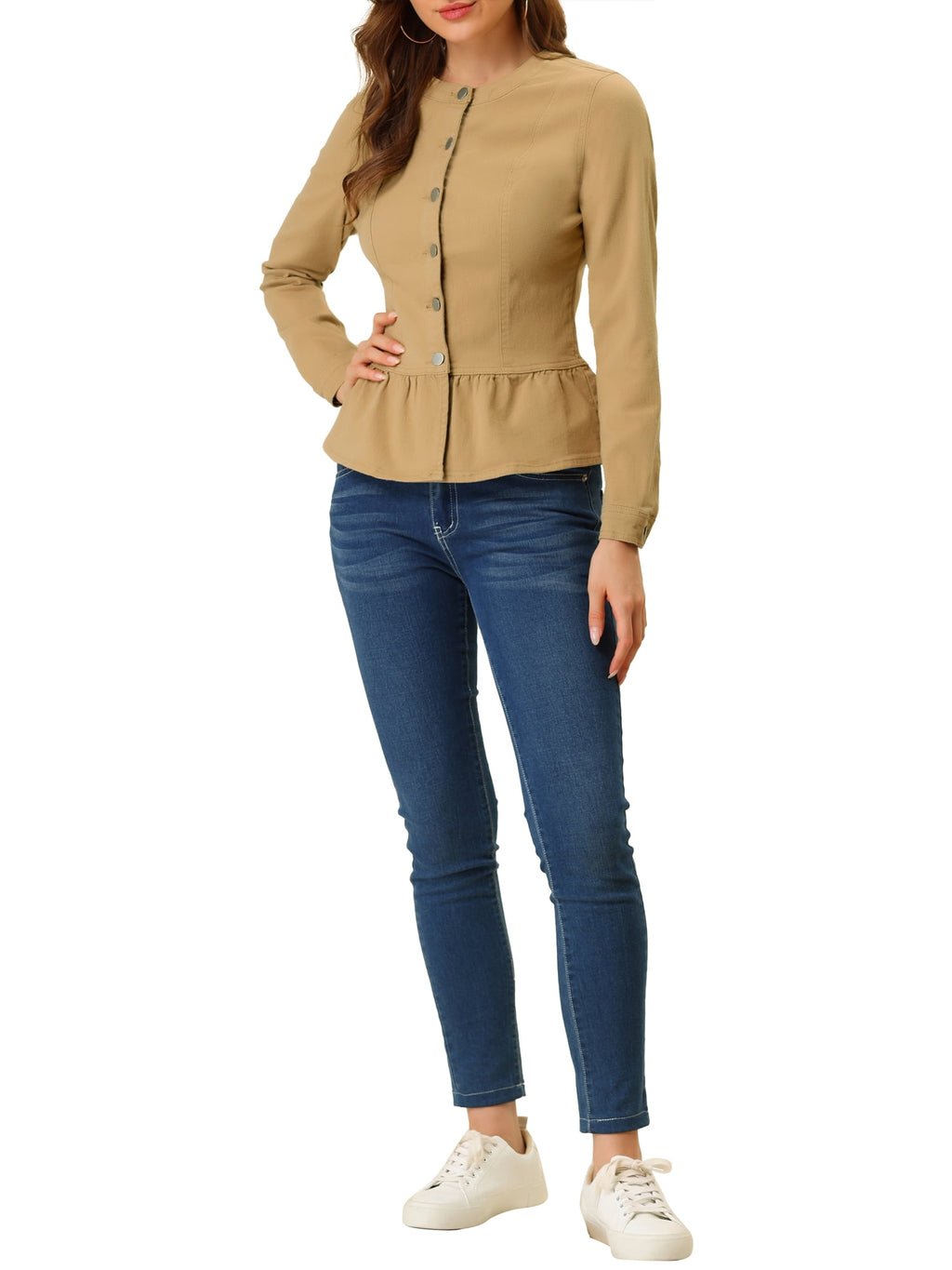 INSPIRE CHIC Women's Denim Jackets Button Down Peplum Hem Long Sleeves Cropped Jean Jackets White L