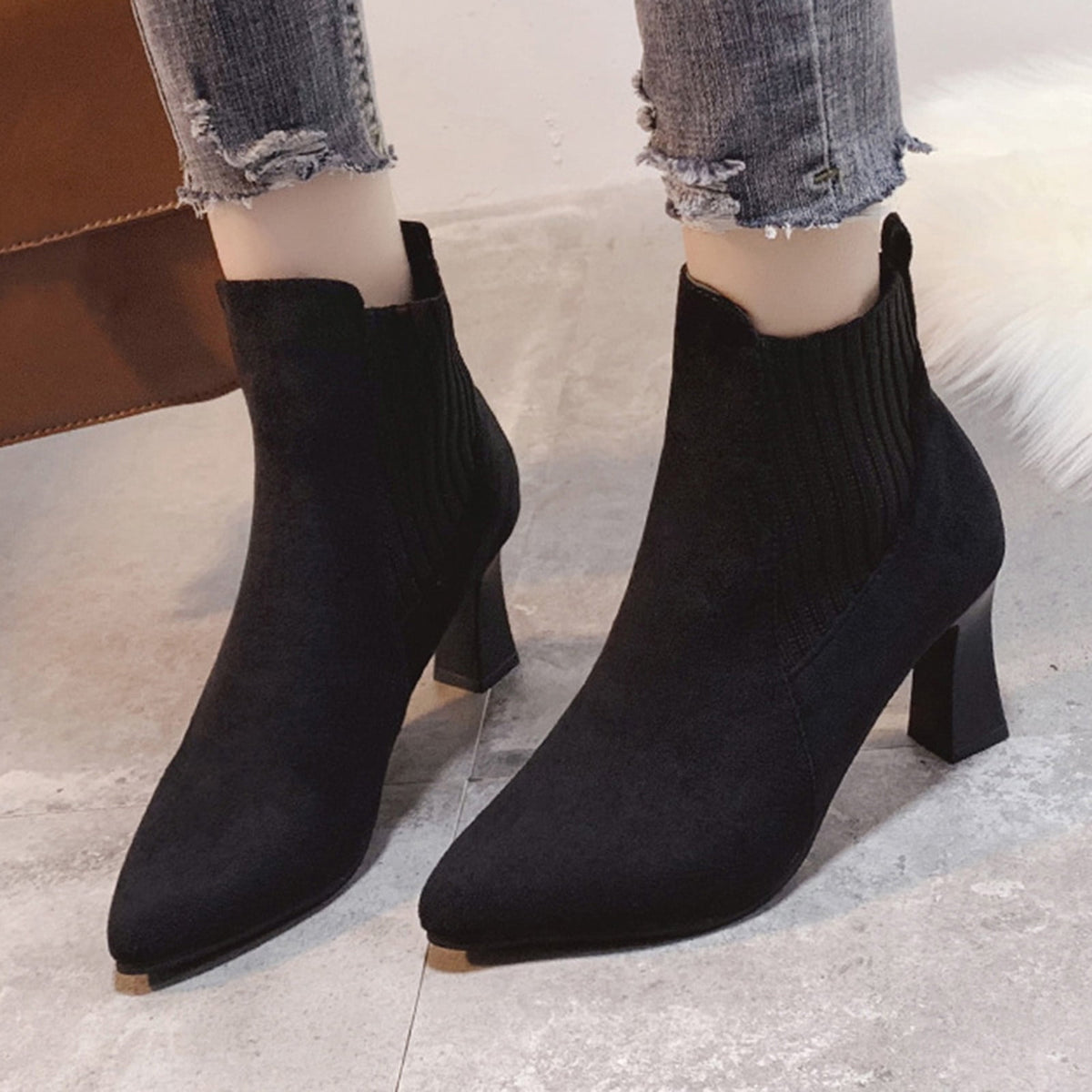 hopeusnice Women's Ankle Boots Pointed Toe Suede Block Heel Booties Elastic Side Zipper Comfortable Dress Boots Fall Winter Shoes Beige 39
