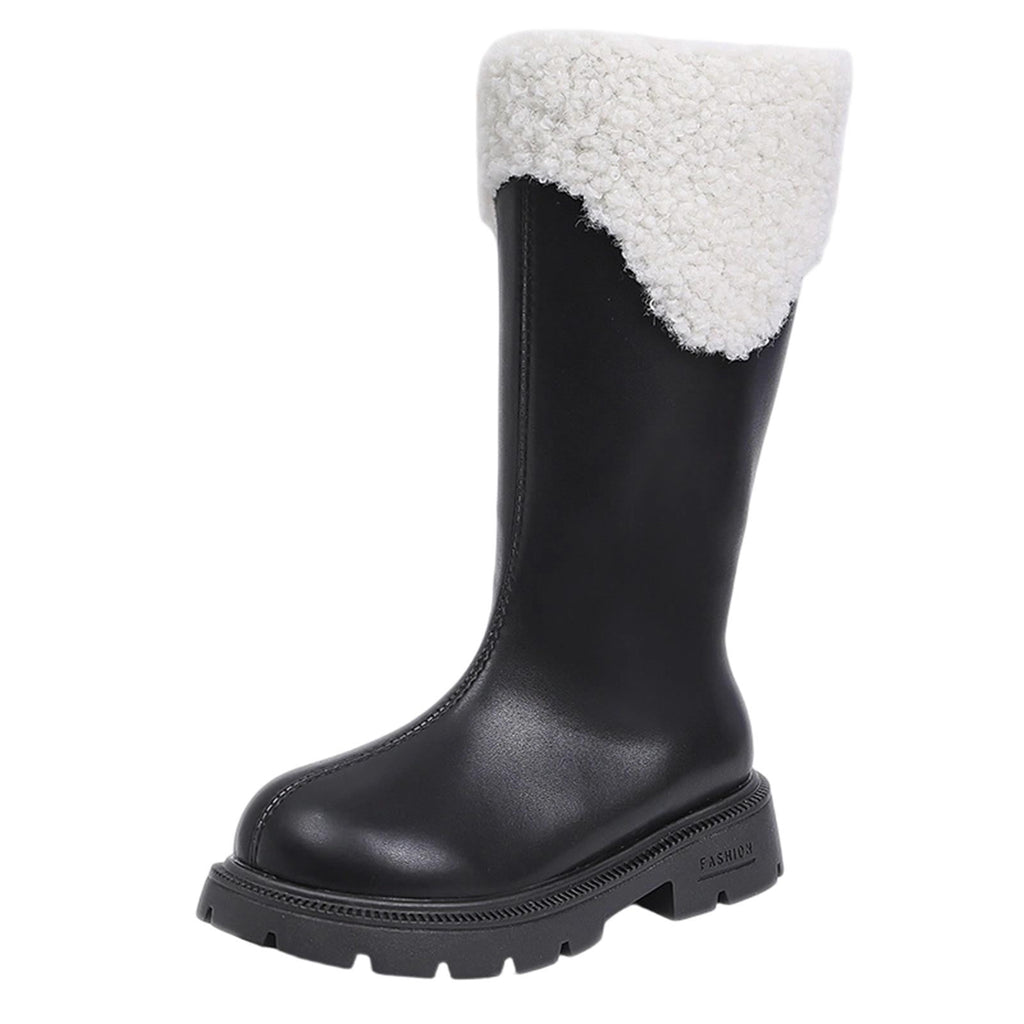BXJX Girls Mid-Calf Boots, Fleece Lined Side Zipper Fall Winter Thermal Kids Riding Boots Black Size 2 Big Kids