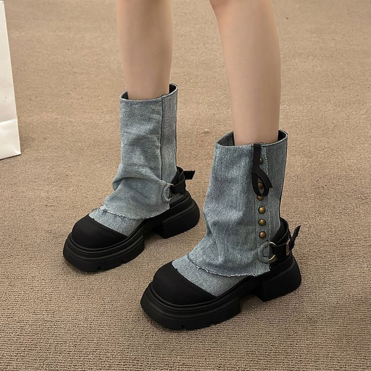Hvyesh Fold Over Denim Boots for Women Sole Chunky Thick Soled Heel Booties Goth Punk Combat Zipper Mid Calf Booties Round Toe Dress Shoes,Boots for Women