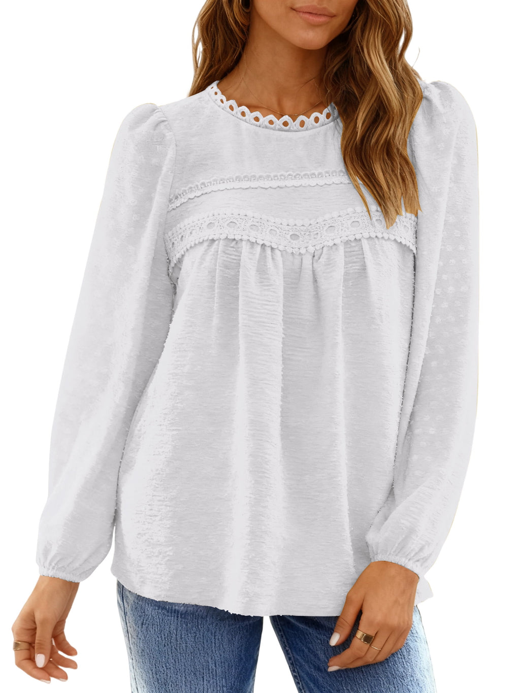 UVN Fall Shirts for Women Long Sleeve Blouses Ladies Crewneck Lace Crochet Tops Dressy Chiffon Blouses