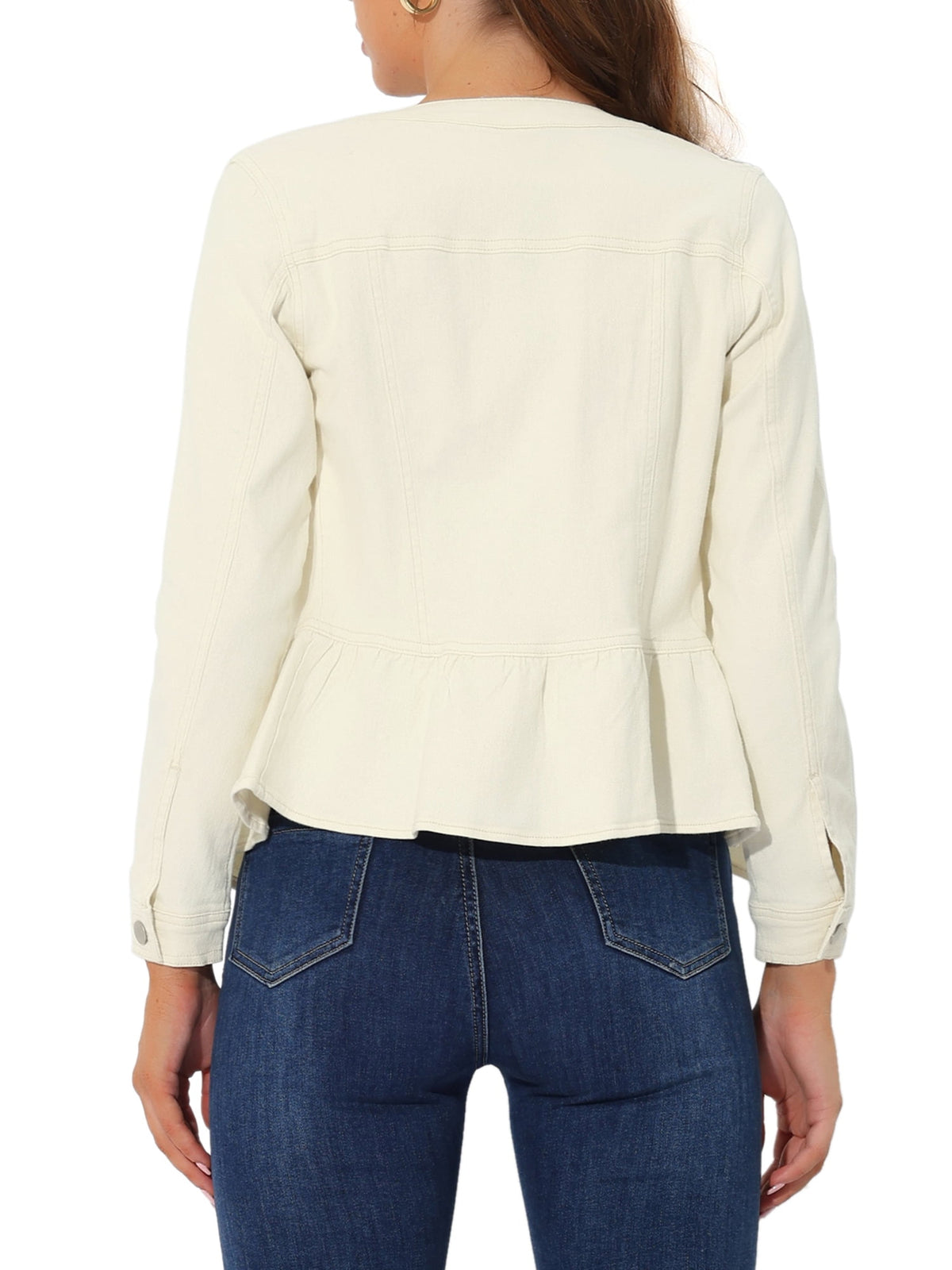 INSPIRE CHIC Women's Denim Jackets Button Down Peplum Hem Long Sleeves Cropped Jean Jackets White L