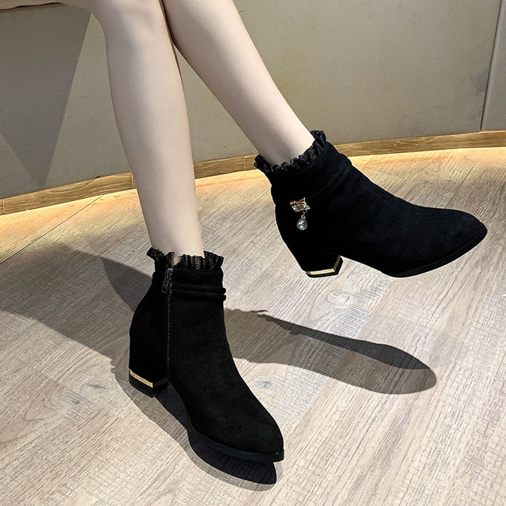 hopeusnice Women's Ankle Boots Chunky Block Low Heel Vintage Tie Knot Booties Shoes with Side Zipper Fashion Comfortable Fall Winter Shoes Black 37
