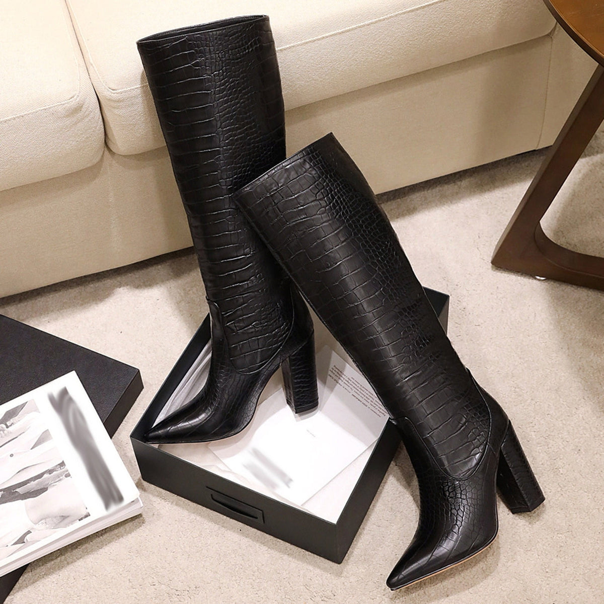 hopeusnice Women's Knee High Boots Pointed Toe Block Heel Over The Knee Boots Faux Leather Chunky Heel Dress Boots Elegant Fall Winter Shoes Yellow 45