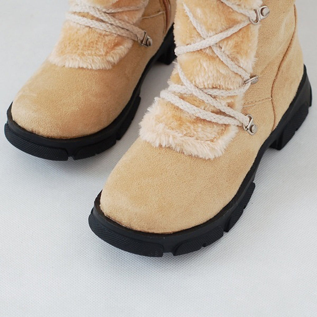 hopeusnice Women's Winter Boots Fuzzy Fleece Lined Knee High Snow Boots Warm Plush Lace Up Outdoor Ankle Boots Beige 36
