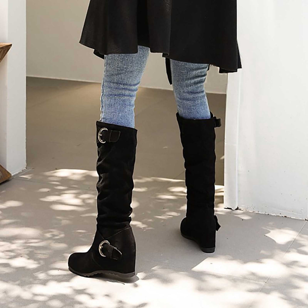 hopeusnice Women's Over The Knee Boots Suede Buckle Wedge Heel Winter Warm Boots Fashion Slouchy Boots Knee High Boots Brown 35