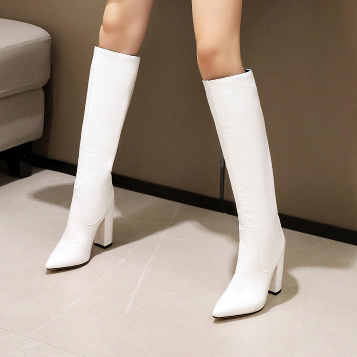 hopeusnice Women's Knee High Boots Pointed Toe Block Heel Over The Knee Boots Faux Leather Chunky Heel Dress Boots Elegant Fall Winter Shoes Yellow 45