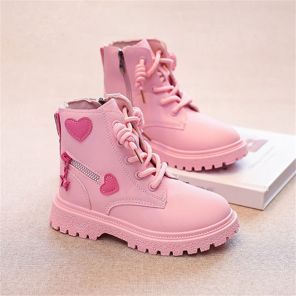 BXJX Girls Ankle Boots with Zipper, Non-Slip Soft Sole Fall Winter Cute Lace Up Boots Pink Size 12.5 Little Kids