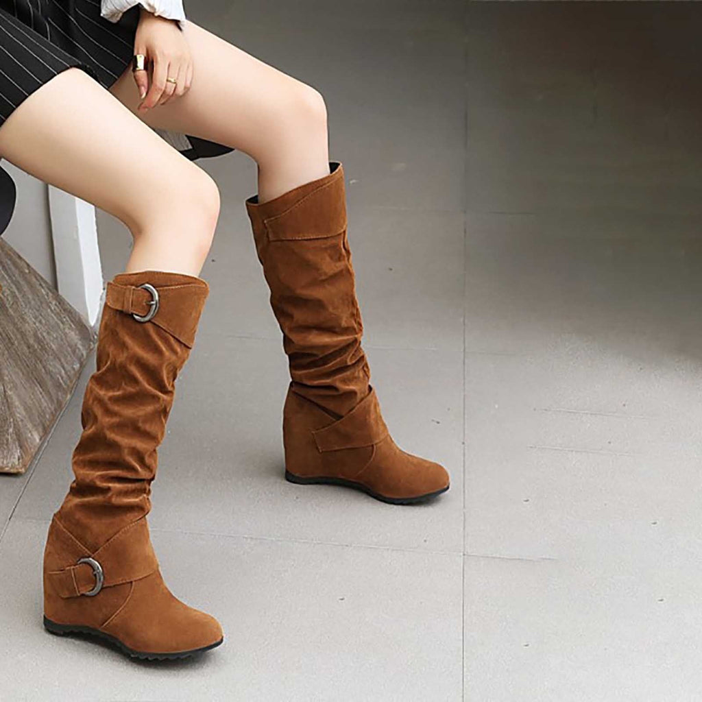 hopeusnice Women's Over The Knee Boots Suede Buckle Wedge Heel Winter Warm Boots Fashion Slouchy Boots Knee High Boots Brown 35