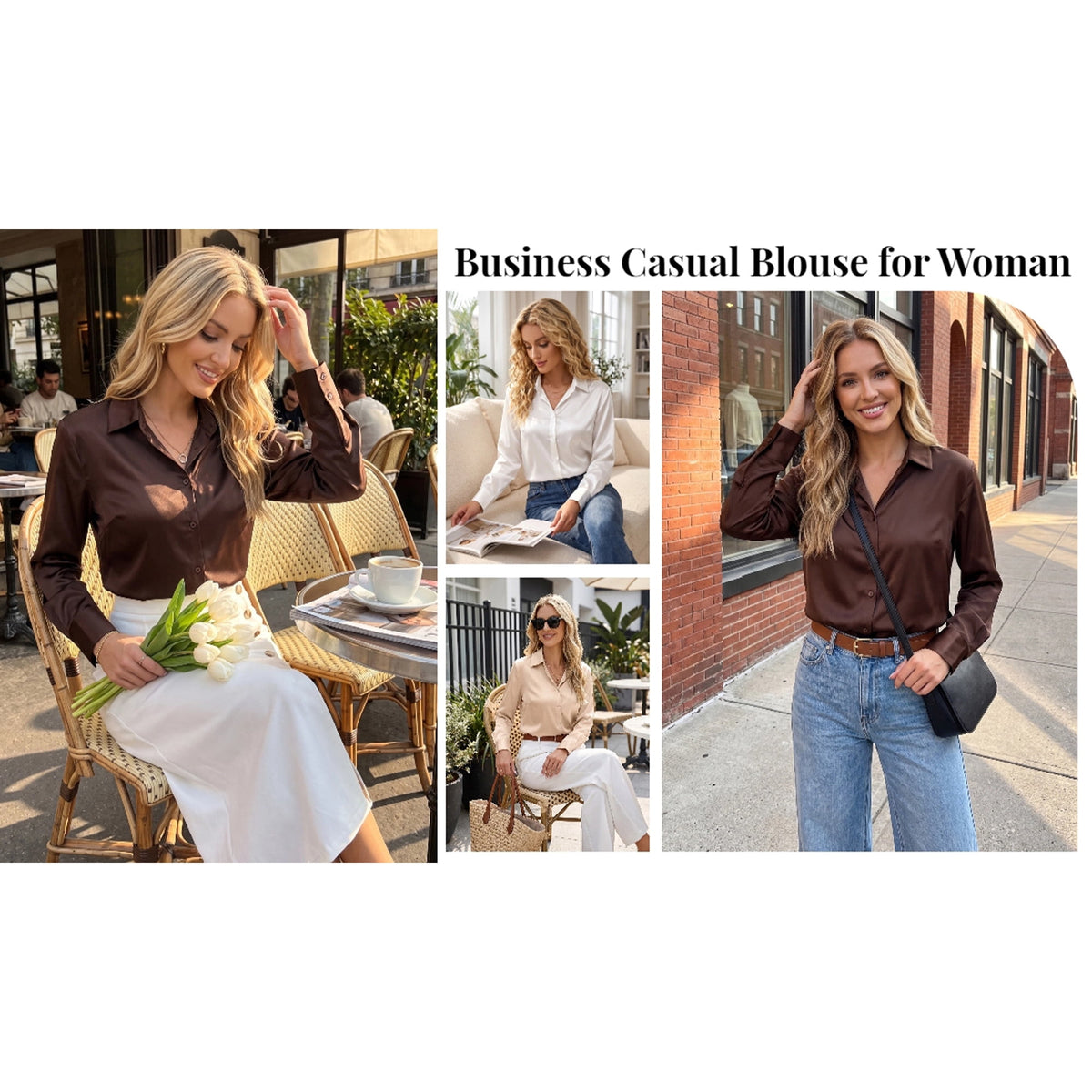 UVN Blouses for Women Long Sleeve Satin Shirts Button Down Ladies Casual Top