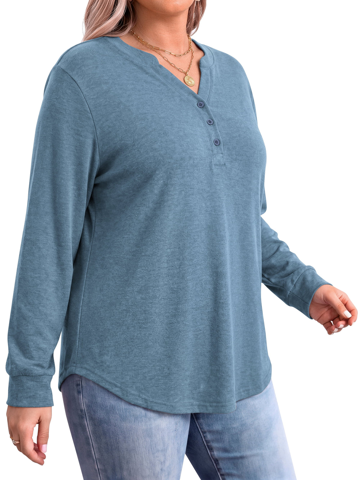WellSize Plus Size Blouses for Women Henley V Neck Tops Casual Long Sleeve Button Shirts Fall Pullover Outfit