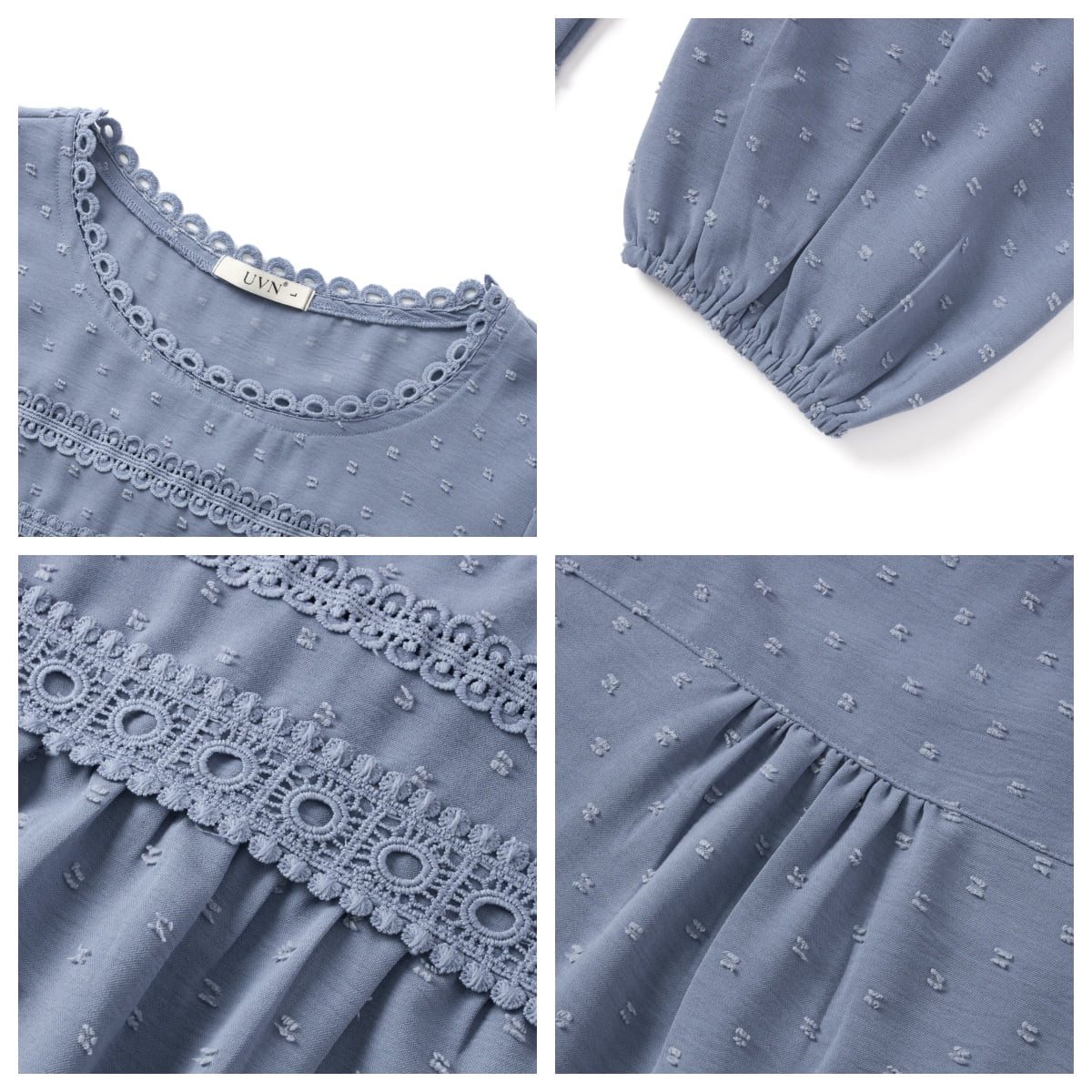 UVN Fall Shirts for Women Long Sleeve Blouses Ladies Crewneck Lace Crochet Tops Dressy Chiffon Blouses