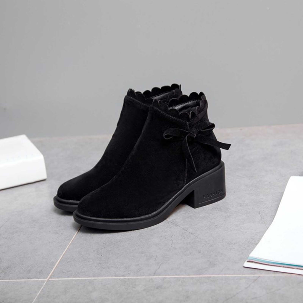 hopeusnice Women's Ankle Boots Suede Bowknot Block Heel Booties Round Toe Zipper Back Short Boots Winter Warm Comfortable Shoes Red 35