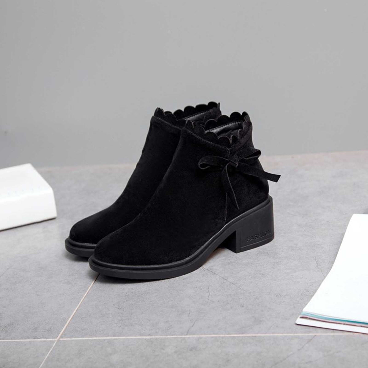 hopeusnice Women's Ankle Boots Suede Bowknot Block Heel Booties Round Toe Zipper Back Short Boots Winter Warm Comfortable Shoes Red 35