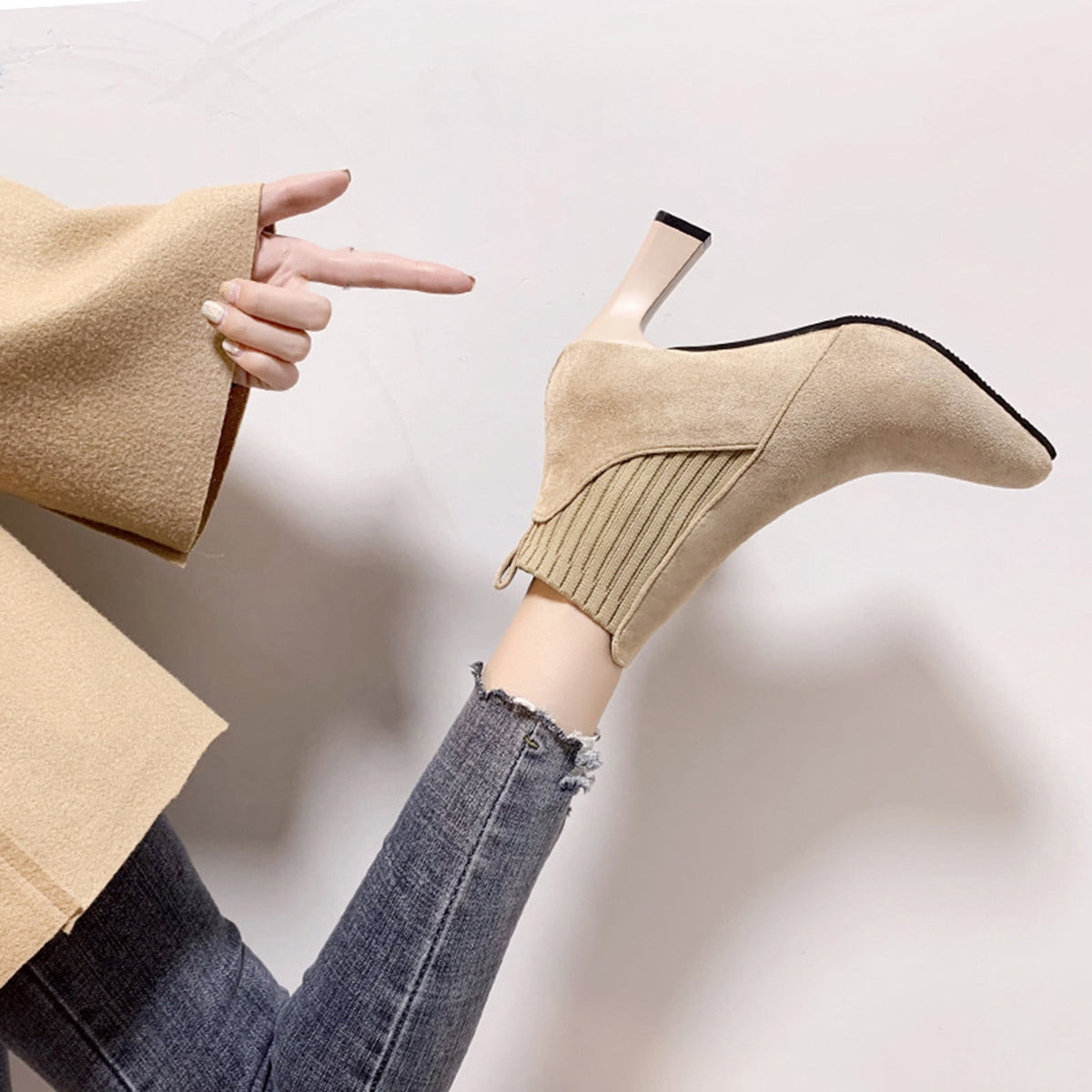 hopeusnice Women's Ankle Boots Pointed Toe Suede Block Heel Booties Elastic Side Zipper Comfortable Dress Boots Fall Winter Shoes Beige 39