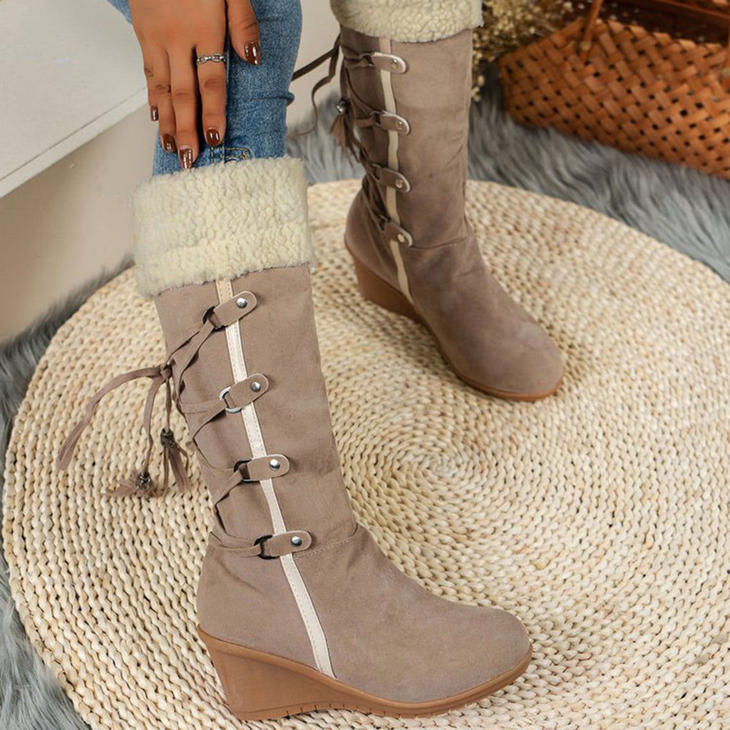 Women's Fashion Suede Wedge Boots Winter Warm Knee High Boots Buckle Tassel Side Zipper Booties Brown 35