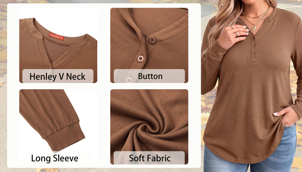 WellSize Plus Size Blouses for Women Henley V Neck Tops Casual Long Sleeve Button Shirts Fall Pullover Outfit
