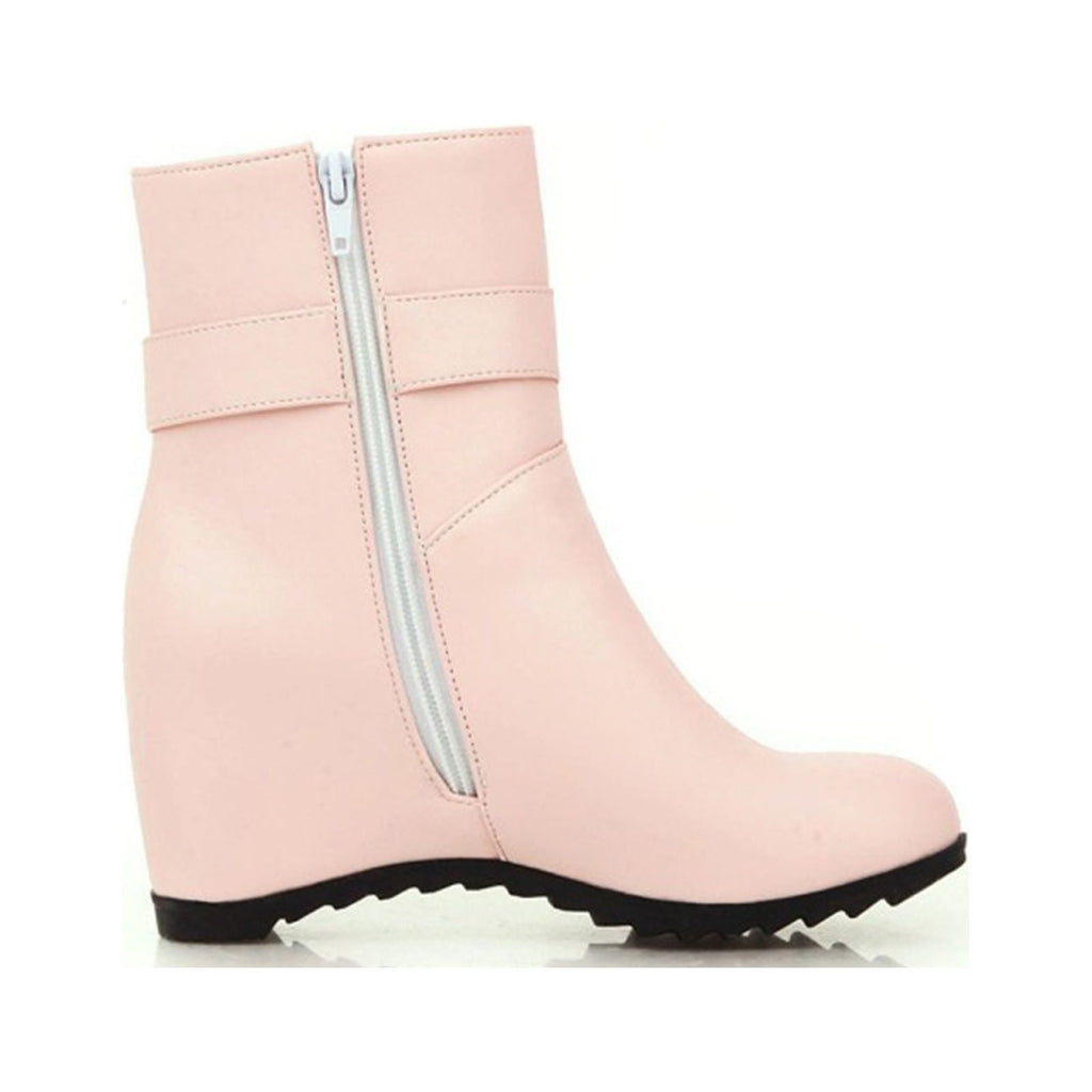 Women's Ankle Boots Wedge Heel Zipper Closure Bowknot Decor Faux Leather Booties Short Boots Comfortable Wedge Heel Shoes Pink 40