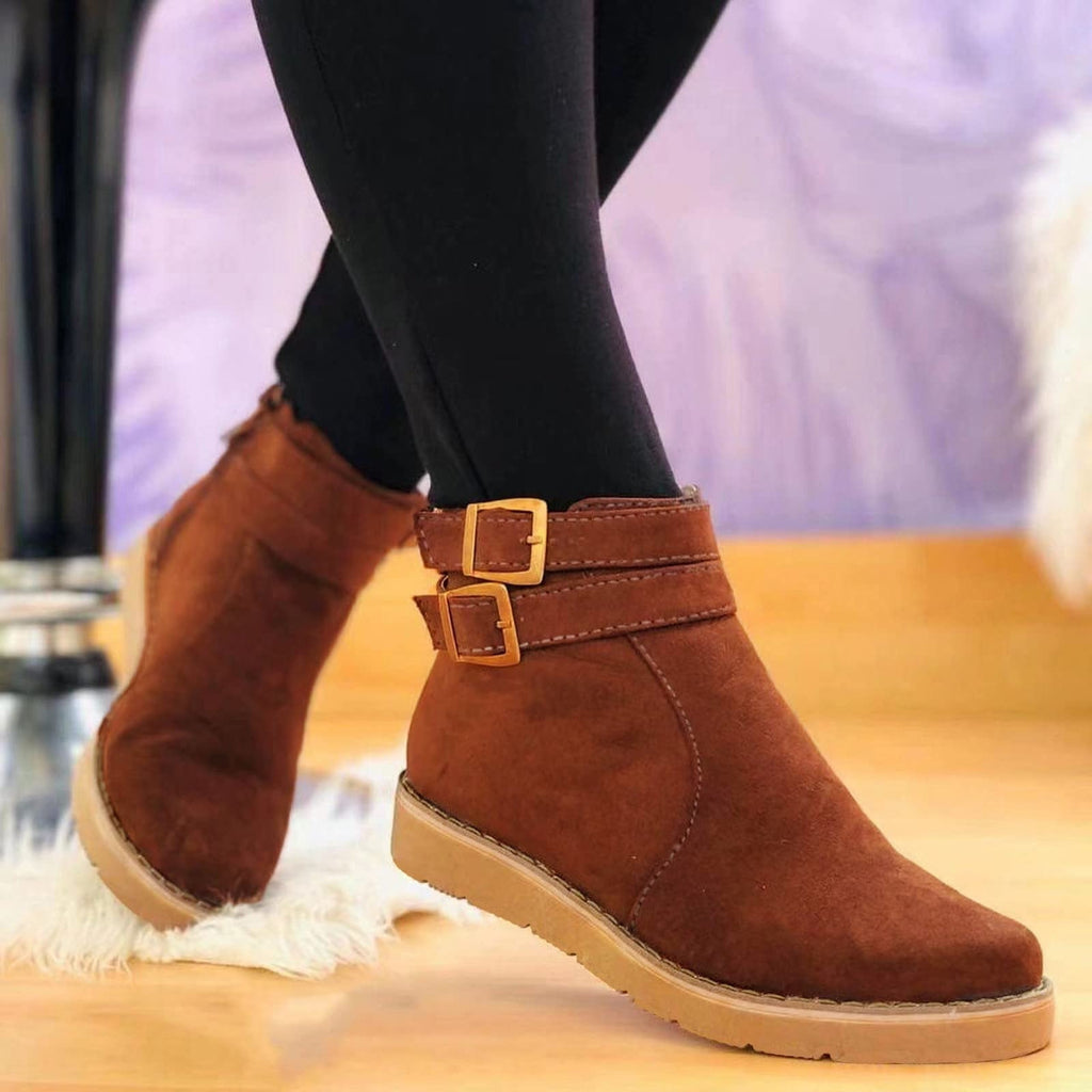 hopeusnice Women's Buckle Ankle Boots Suede Winter Warm Shoes Flat Heel Buckle Ankle Boots Comfortable Fashion Boots Black 36