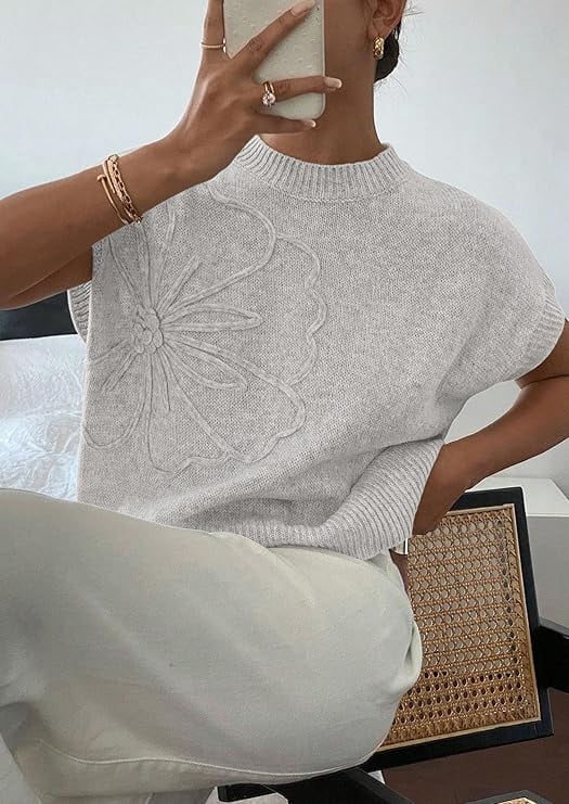 PRETTYGARDEN Women's Spring Sweater Vest Trendy Flower Knit Short Sleeve Cute Pullover Tank Tops Summer Fashion Clothing