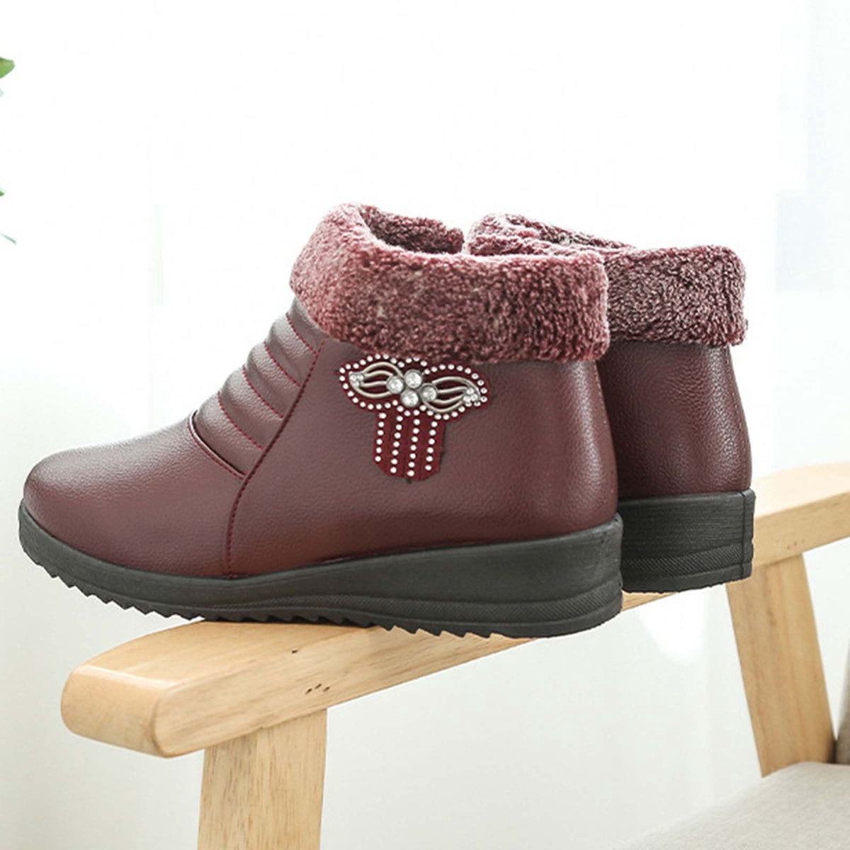 hopeusnice Women's Winter Boots Fuzzy Fleece Lined Warm Ankle Booties Slip On Plush Comfortable Non Slip Wedge Heel Shoes Wine 37