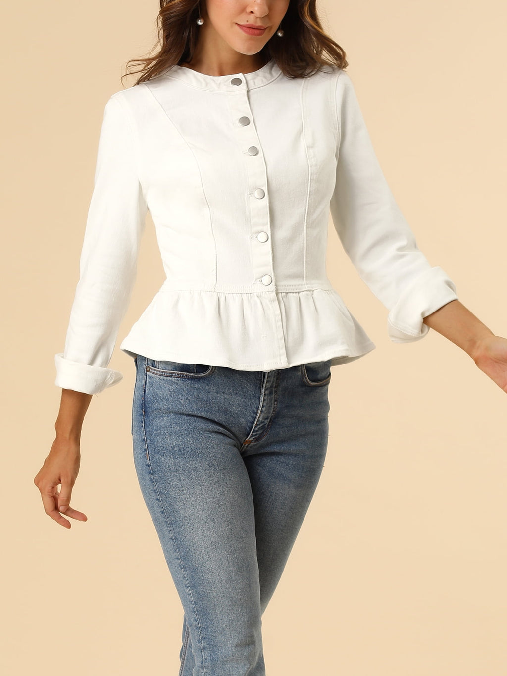 INSPIRE CHIC Women's Denim Jackets Button Down Peplum Hem Long Sleeves Cropped Jean Jackets White L