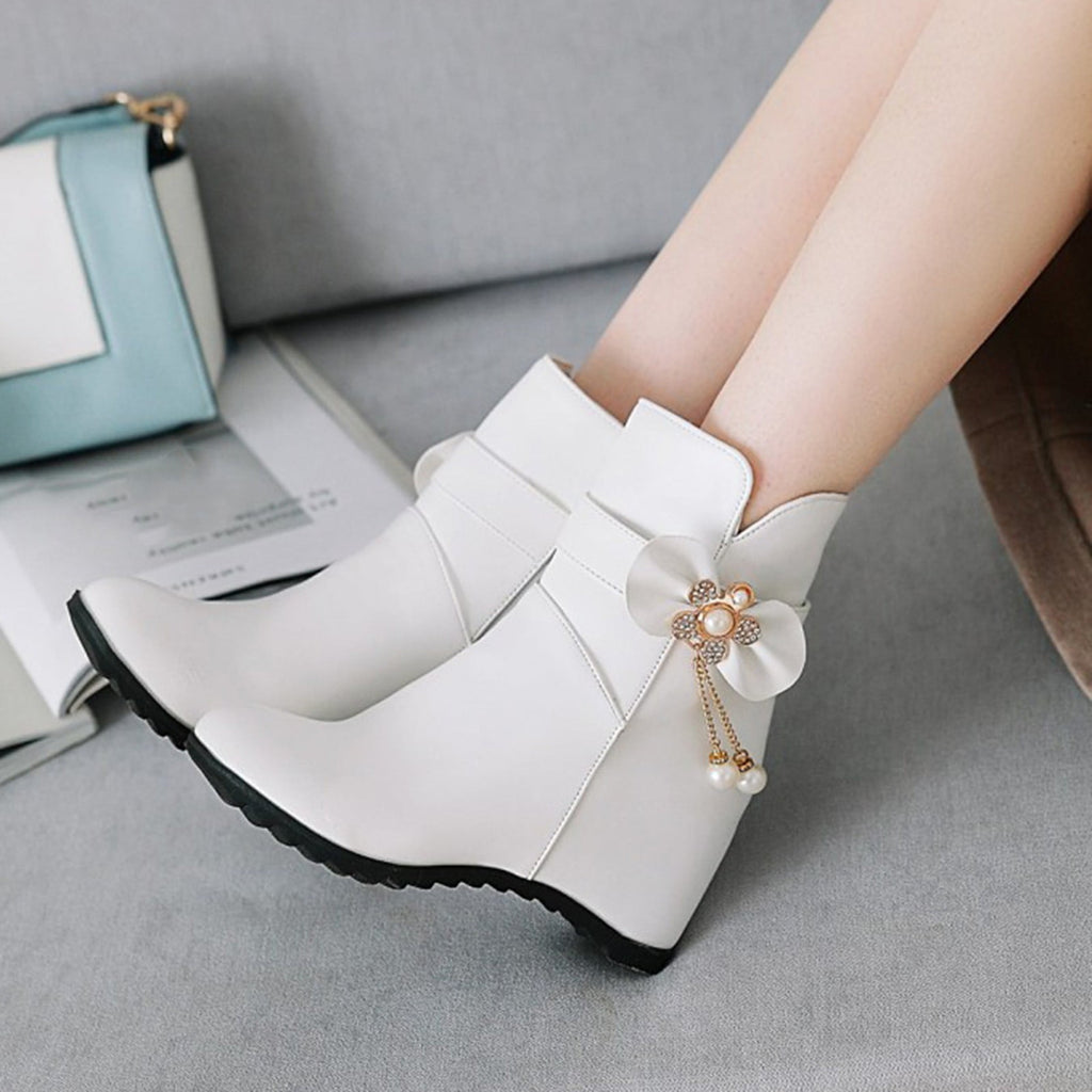 Women's Ankle Boots Wedge Heel Zipper Closure Bowknot Decor Faux Leather Booties Short Boots Comfortable Wedge Heel Shoes Pink 40
