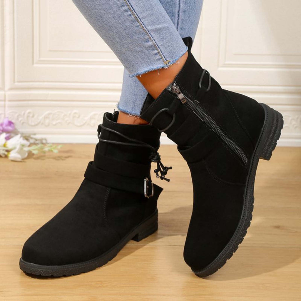 hopeusnice Women's Ankle Boots Suede Buckle Zipper Winter Booties Warm Flat Shoes Comfortable Low Heel Boots Beige 36