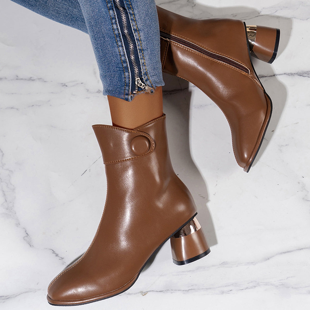 hopeusnice Women's Ankle Boots Square Toe Block Heel Leather Zipper Buckle Chunky Heel Fall Winter Fashion Comfortable Black 42