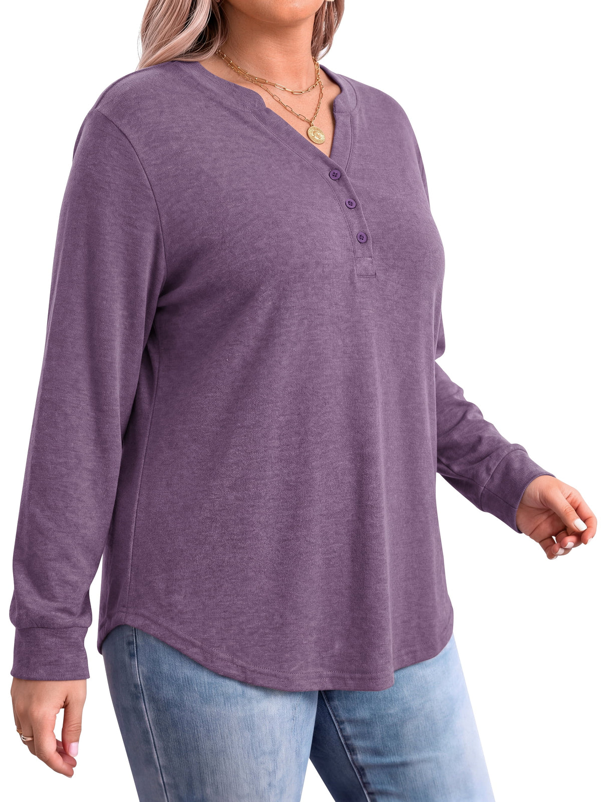 WellSize Plus Size Blouses for Women Henley V Neck Tops Casual Long Sleeve Button Shirts Fall Pullover Outfit