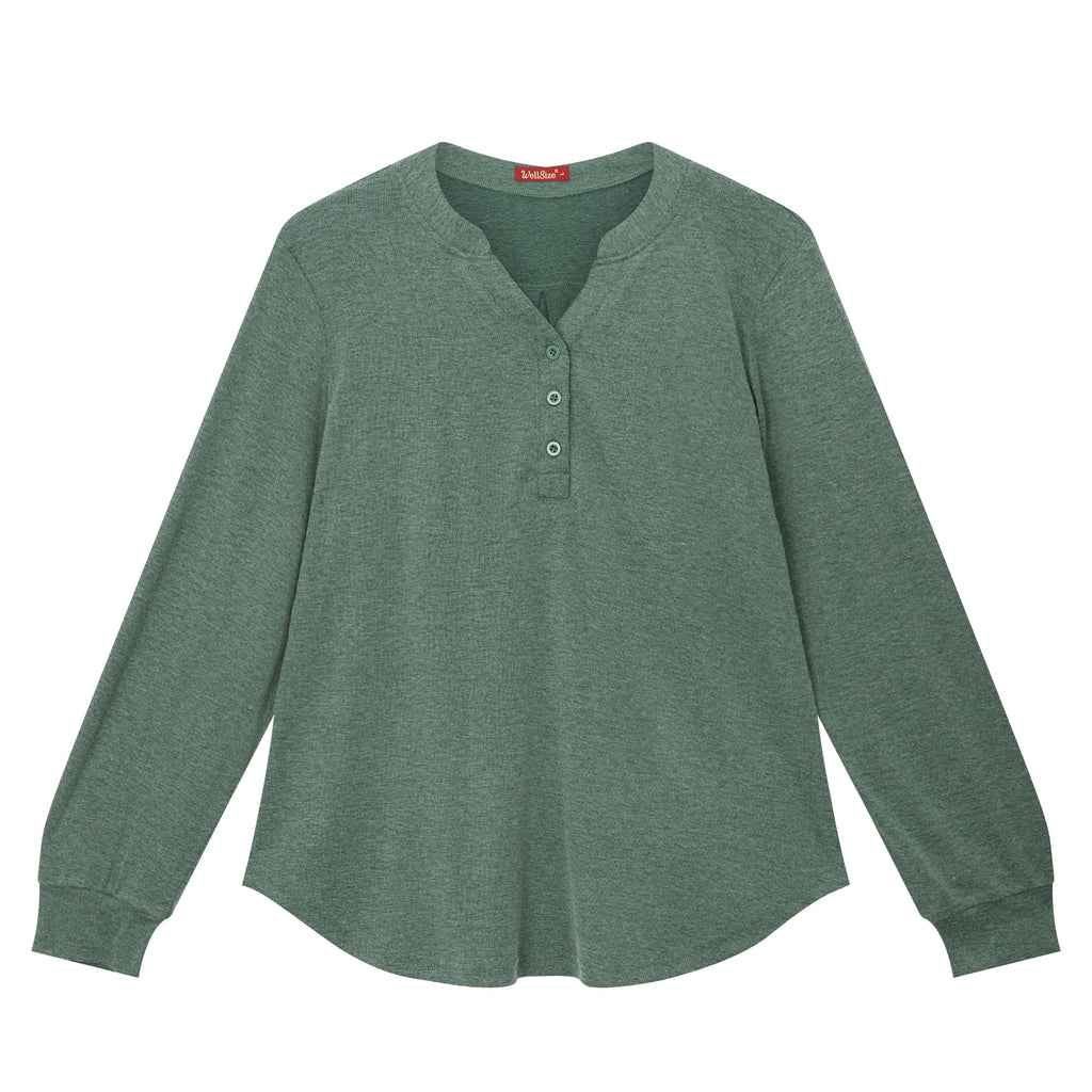 WellSize Plus Size Blouses for Women Henley V Neck Tops Casual Long Sleeve Button Shirts Fall Pullover Outfit