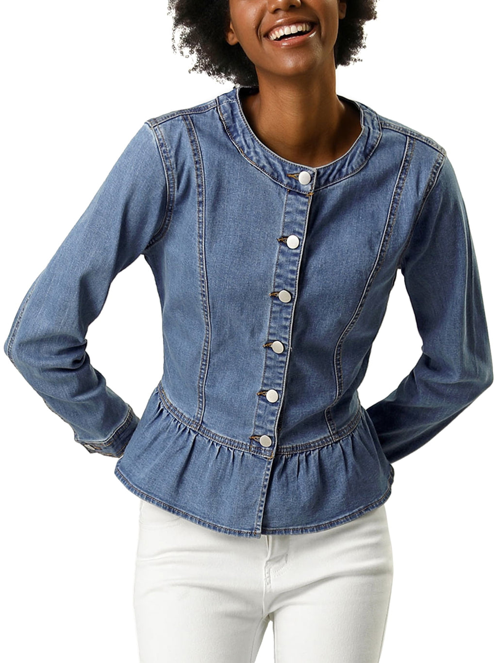 INSPIRE CHIC Women's Denim Jackets Button Down Peplum Hem Long Sleeves Cropped Jean Jackets White L