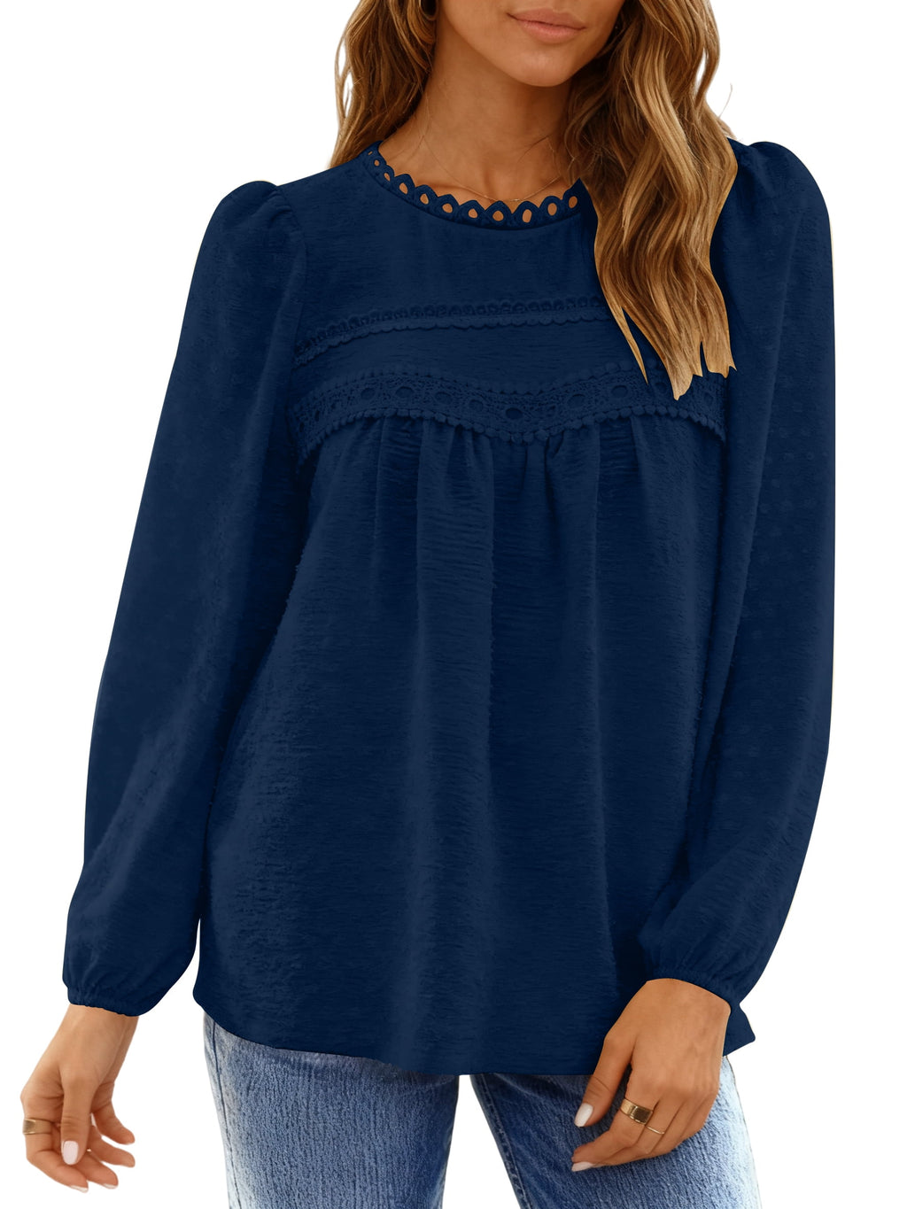 UVN Fall Shirts for Women Long Sleeve Blouses Ladies Crewneck Lace Crochet Tops Dressy Chiffon Blouses
