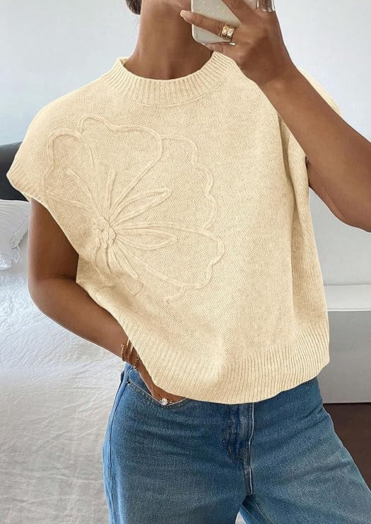 PRETTYGARDEN Women's Spring Sweater Vest Trendy Flower Knit Short Sleeve Cute Pullover Tank Tops Summer Fashion Clothing