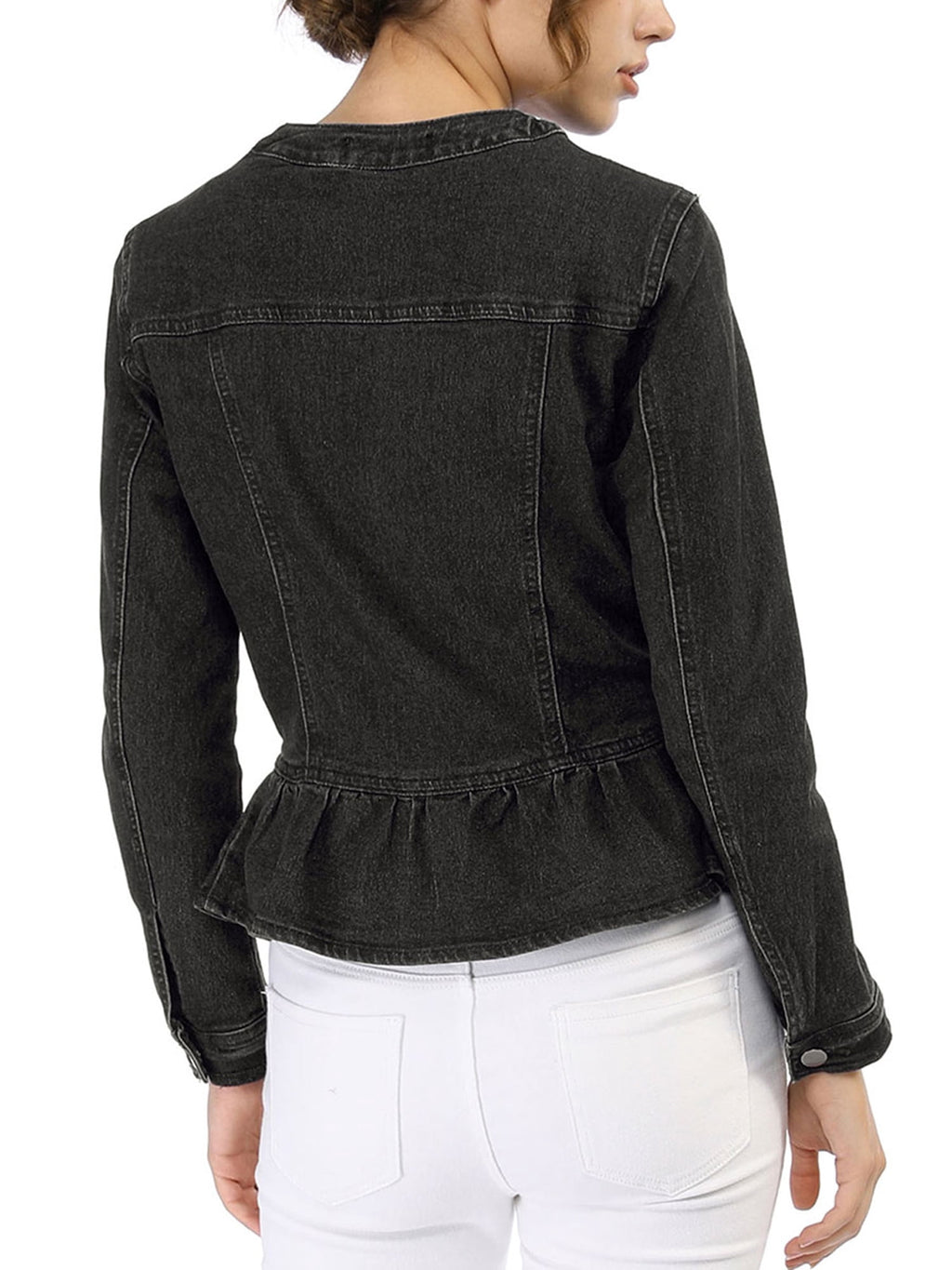 INSPIRE CHIC Women's Denim Jackets Button Down Peplum Hem Long Sleeves Cropped Jean Jackets White L