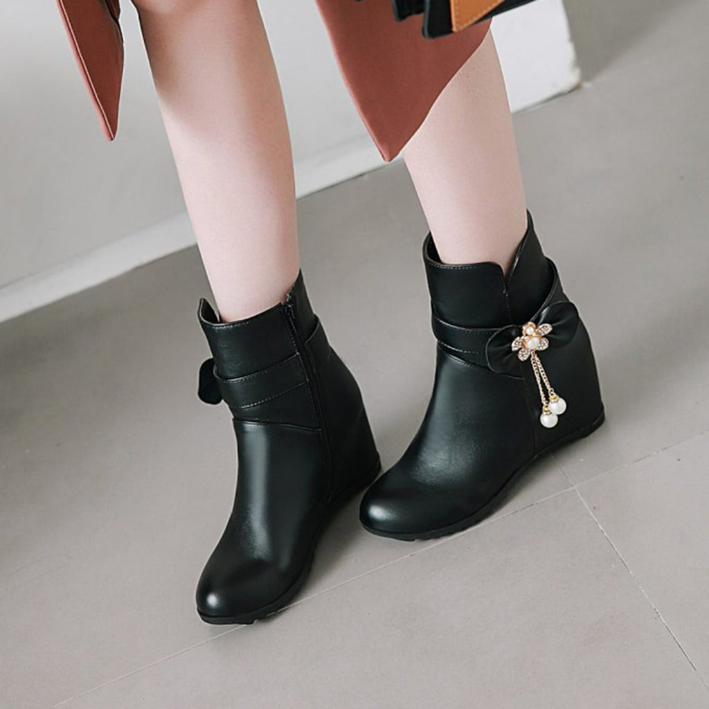 Women's Ankle Boots Wedge Heel Zipper Closure Bowknot Decor Faux Leather Booties Short Boots Comfortable Wedge Heel Shoes Pink 40