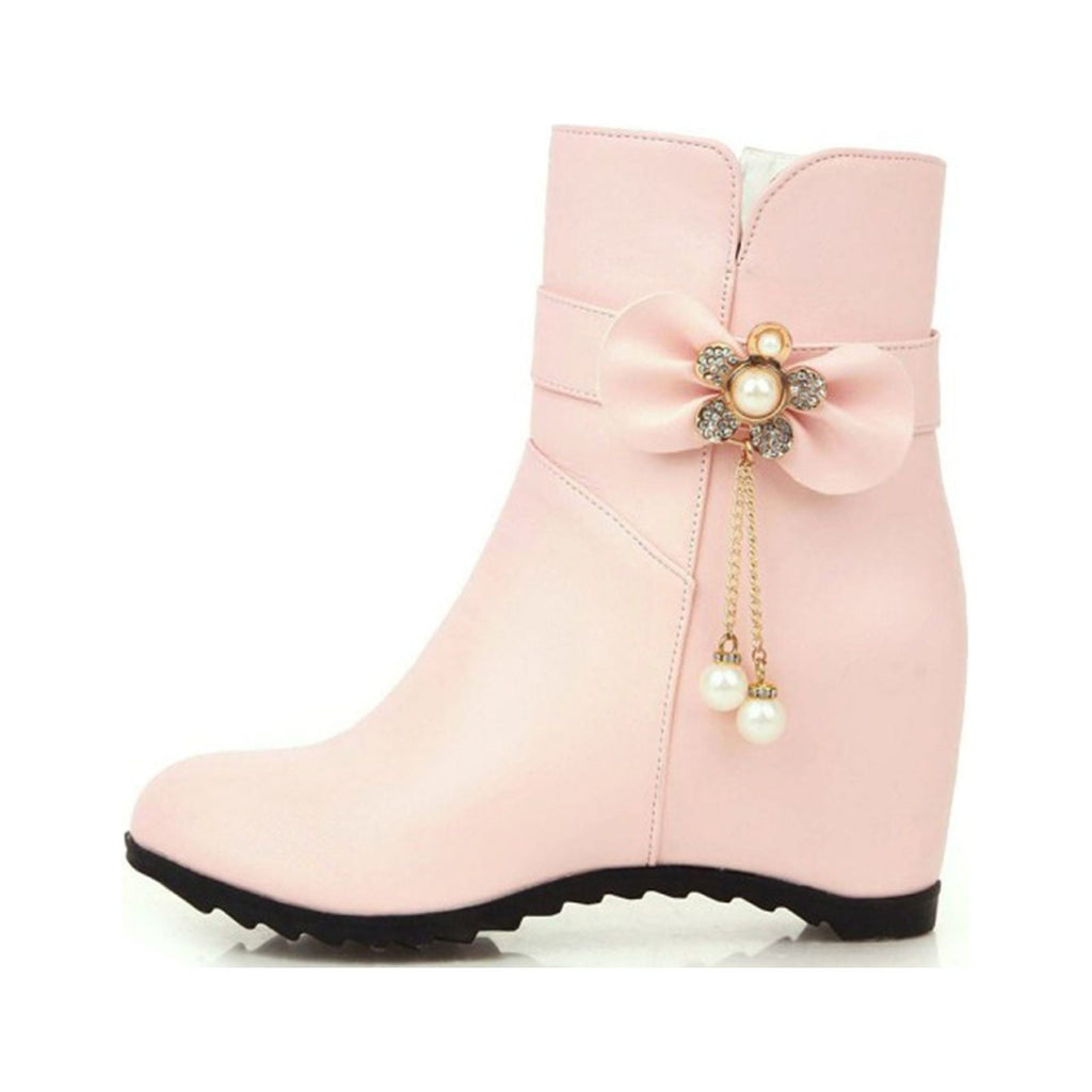 Women's Ankle Boots Wedge Heel Zipper Closure Bowknot Decor Faux Leather Booties Short Boots Comfortable Wedge Heel Shoes Pink 40