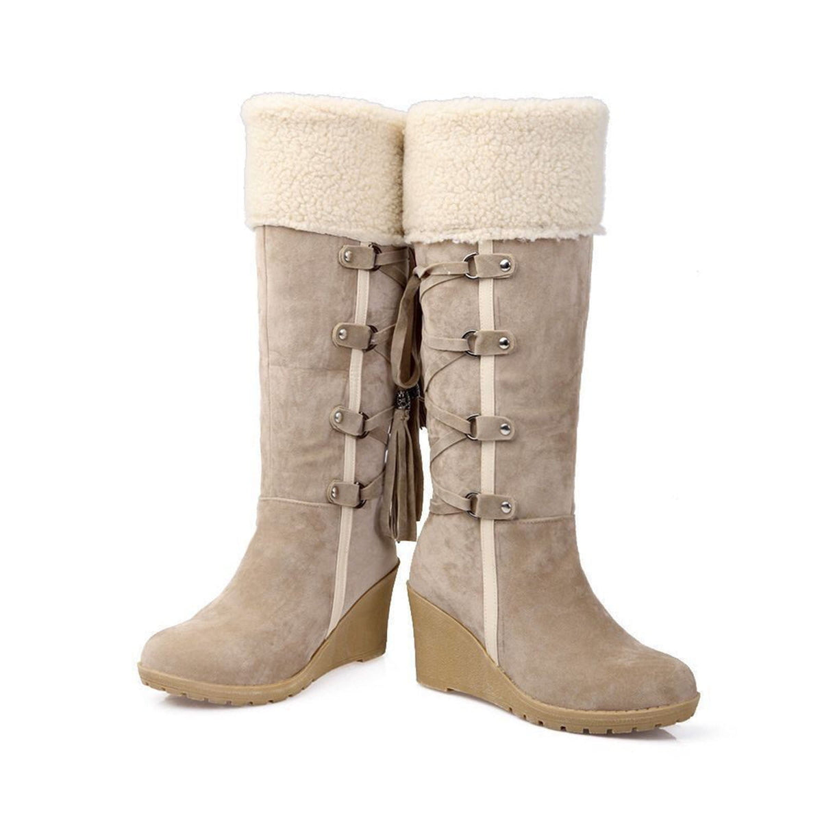 Women's Fashion Suede Wedge Boots Winter Warm Knee High Boots Buckle Tassel Side Zipper Booties Brown 35