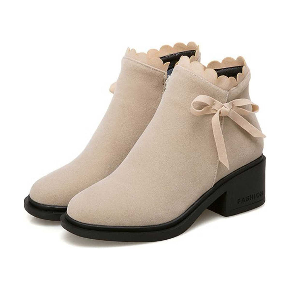 hopeusnice Women's Ankle Boots Suede Bowknot Block Heel Booties Round Toe Zipper Back Short Boots Winter Warm Comfortable Shoes Red 35
