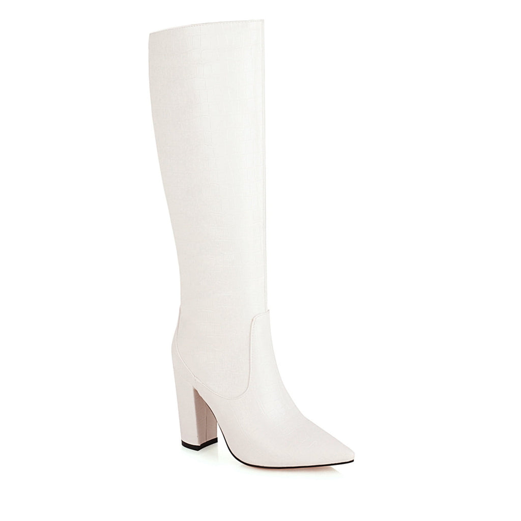 Women's Knee High Boots Pointed Toe Chunky Heel Leather Boots Fall Winter Warm Comfortable Fashion Boots Yellow 44
