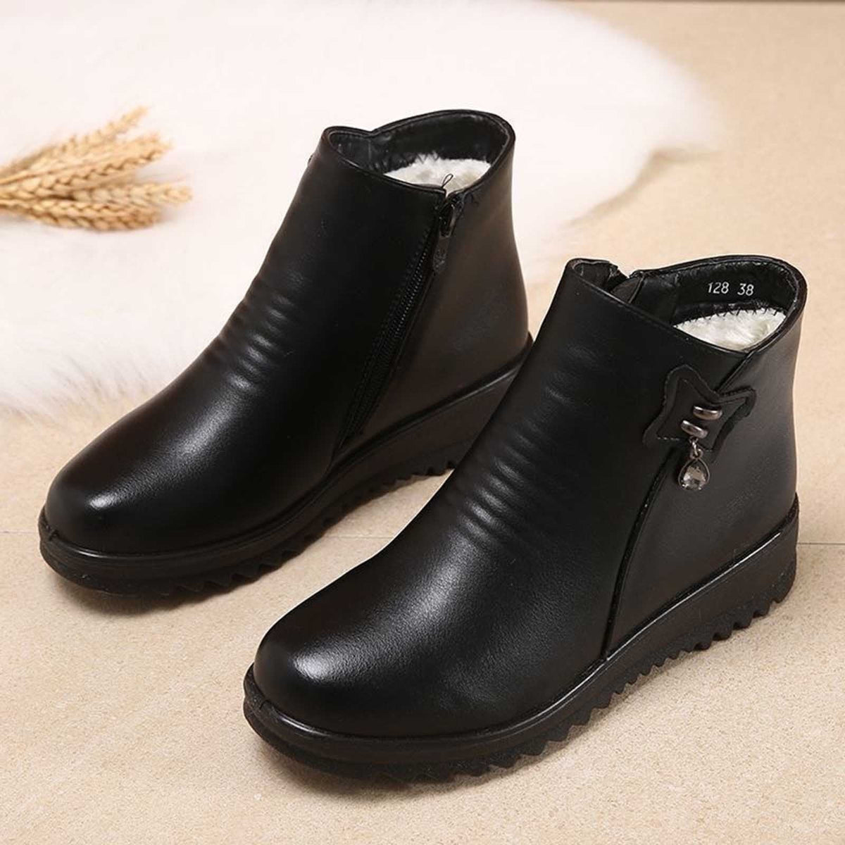 Women's Winter Boots Fuzzy Fleece Lined Ankle Booties Warm Plush Zipper Shoes Wedge Heel Comfortable Non-Slip Snow Boots Black 35