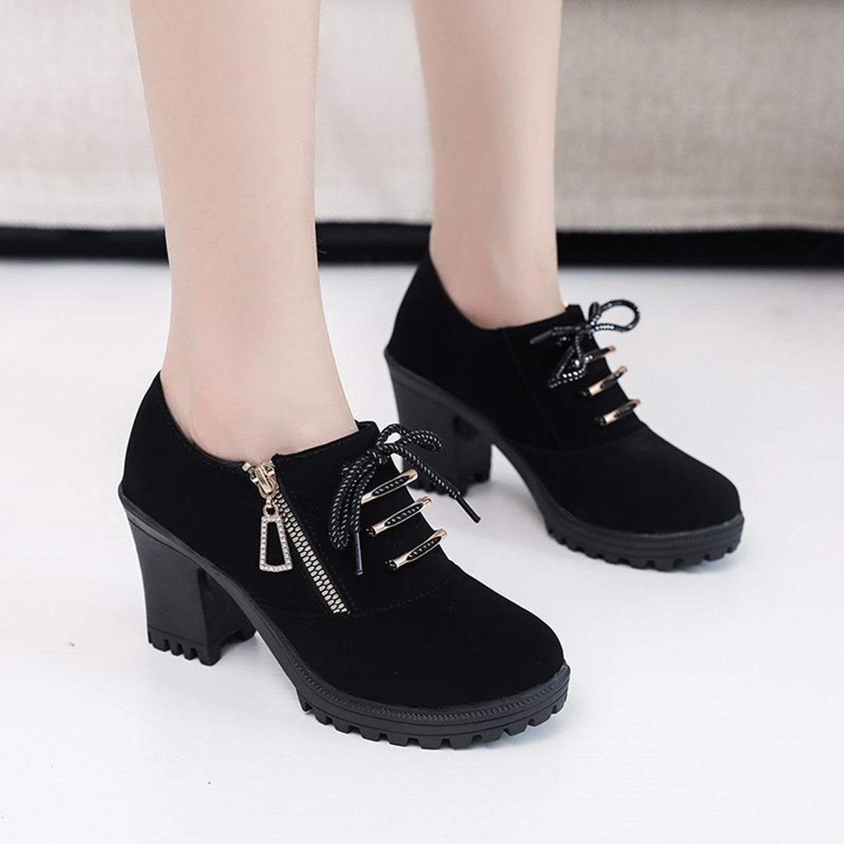 hopeusnice Women's Ankle Boots Lace Up Buckle Zipper Chunky Heel Shoes Comfortable Suede Round Toe Block Heel Fall Winter Boots Outdoor Black 37