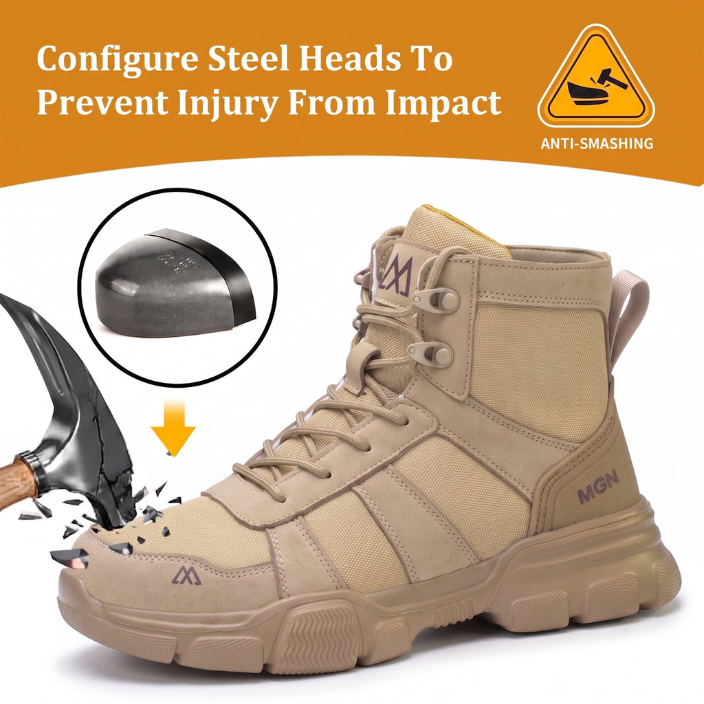 XQJ Men's Steel Toe Work Boots, Comfortable Lightweight Industrial Construction Shoes, Durable High Top Safety Boots - Black - Size 6