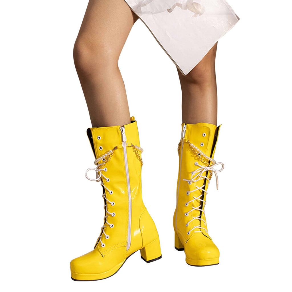 hopeusnice Knee High Boots for Women Mid Calf Boots Chunky Block Heels Buckle Lace Up Boots Stylish Fall Winter Shoes Orange 36