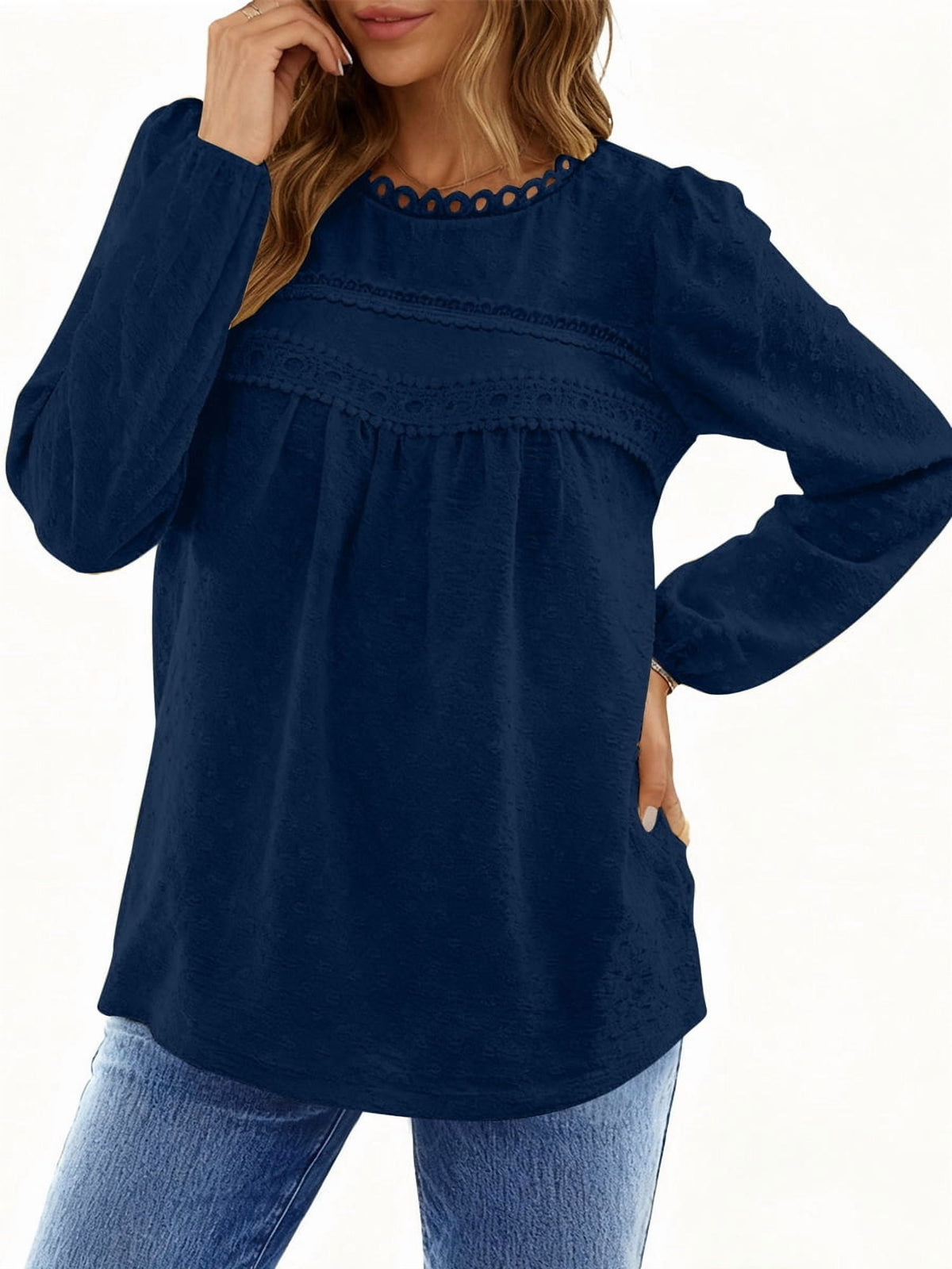UVN Fall Shirts for Women Long Sleeve Blouses Ladies Crewneck Lace Crochet Tops Dressy Chiffon Blouses